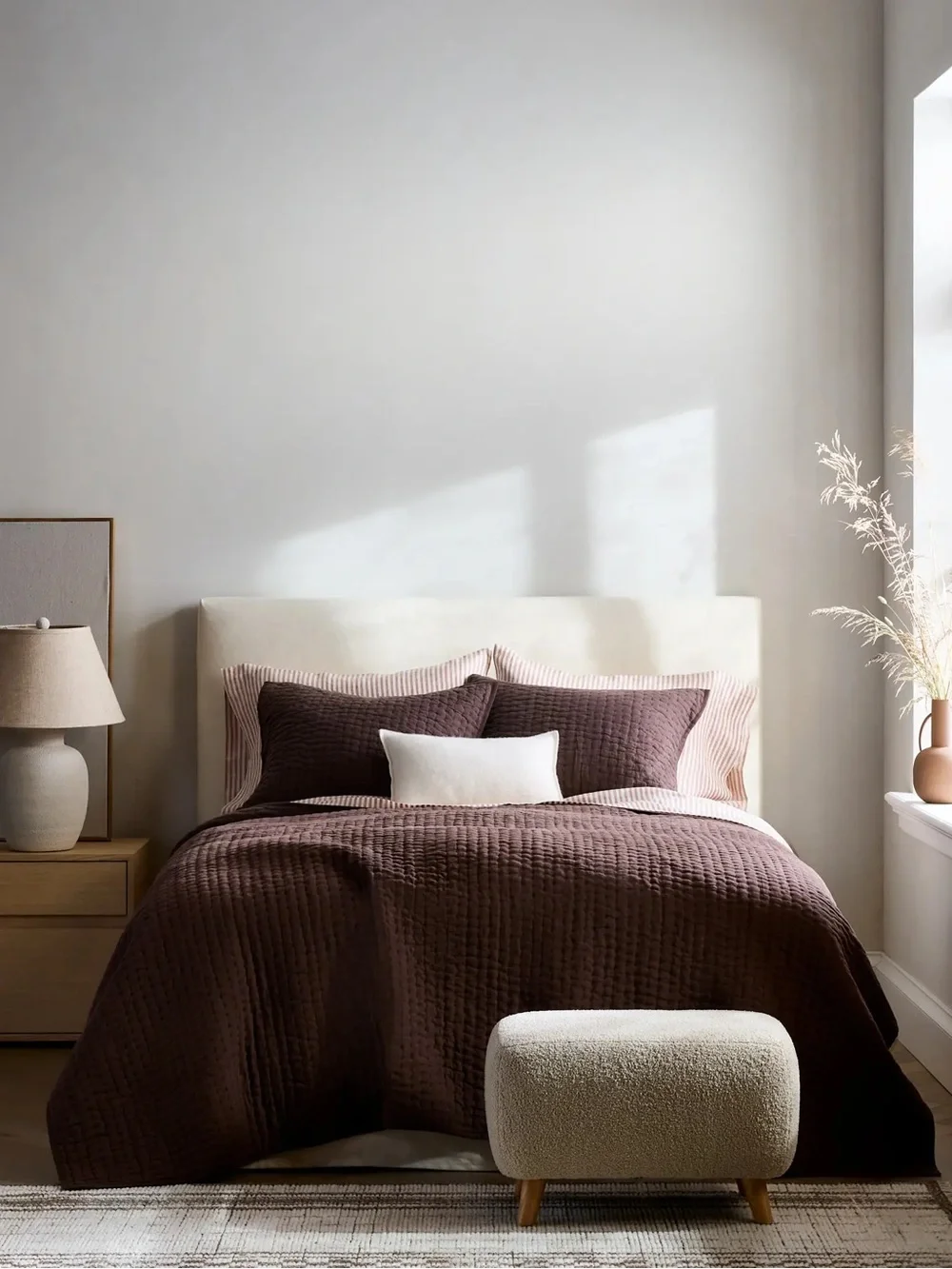 NEW Quince KING European Linen Cotton Stitch Quilt Set $214 WITH SHAMS ESPRESSO
